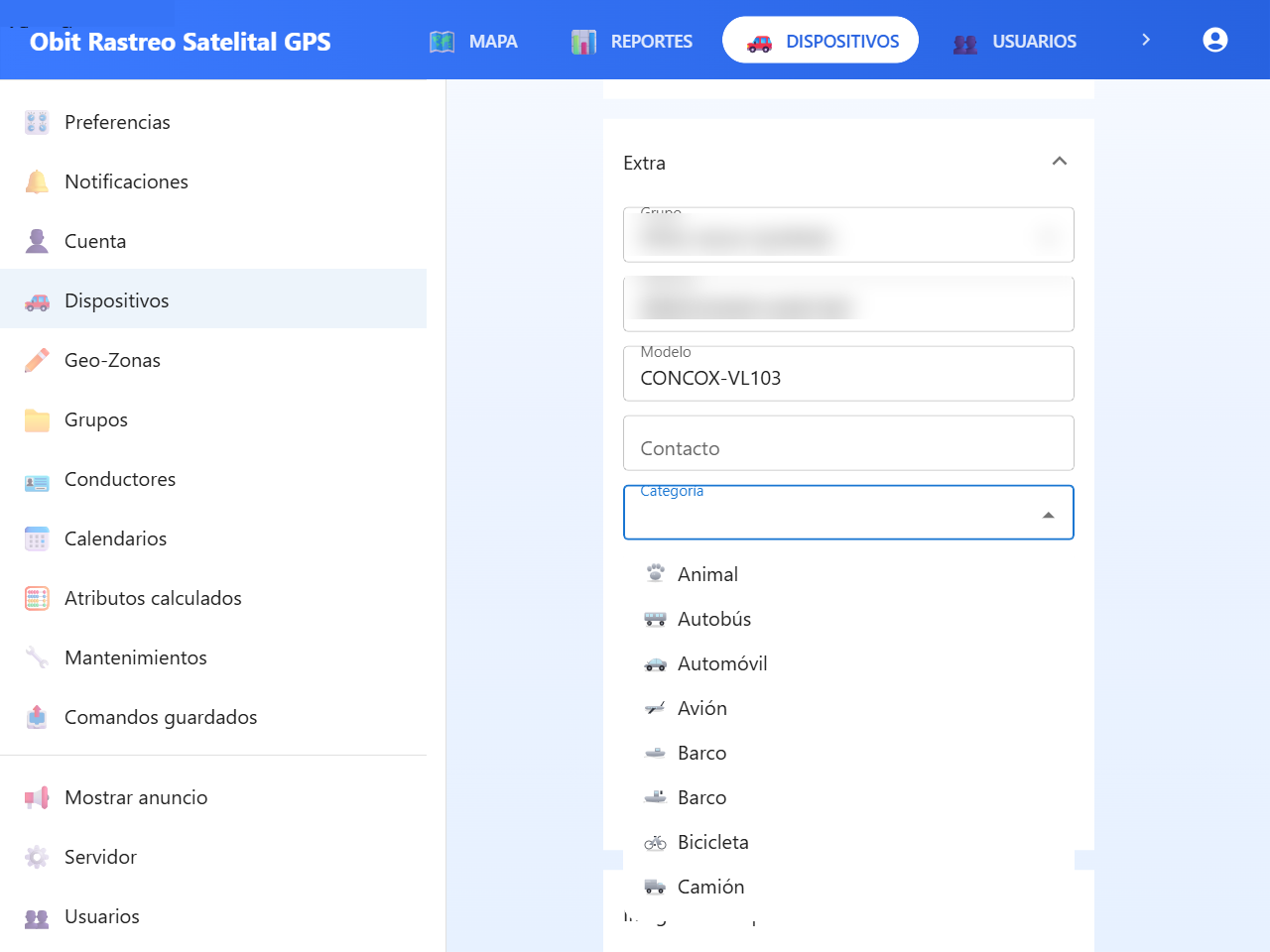 Lista de íconos disponibles por tipo de vehículo