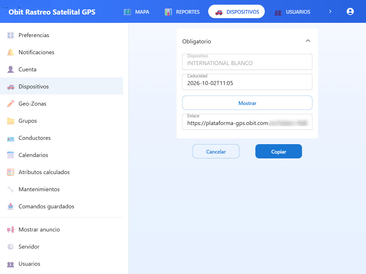 Pantalla para generar el enlace de ubicación con fecha de caducidad