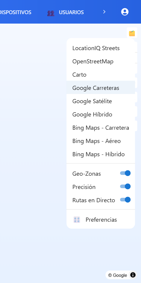 Menú para elegir el tipo de mapa