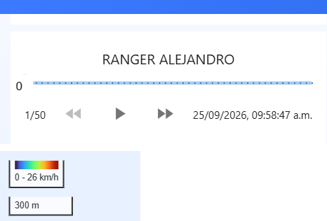 Controles de reproducción de Repetición Ruta y su leyenda de color por velocidad